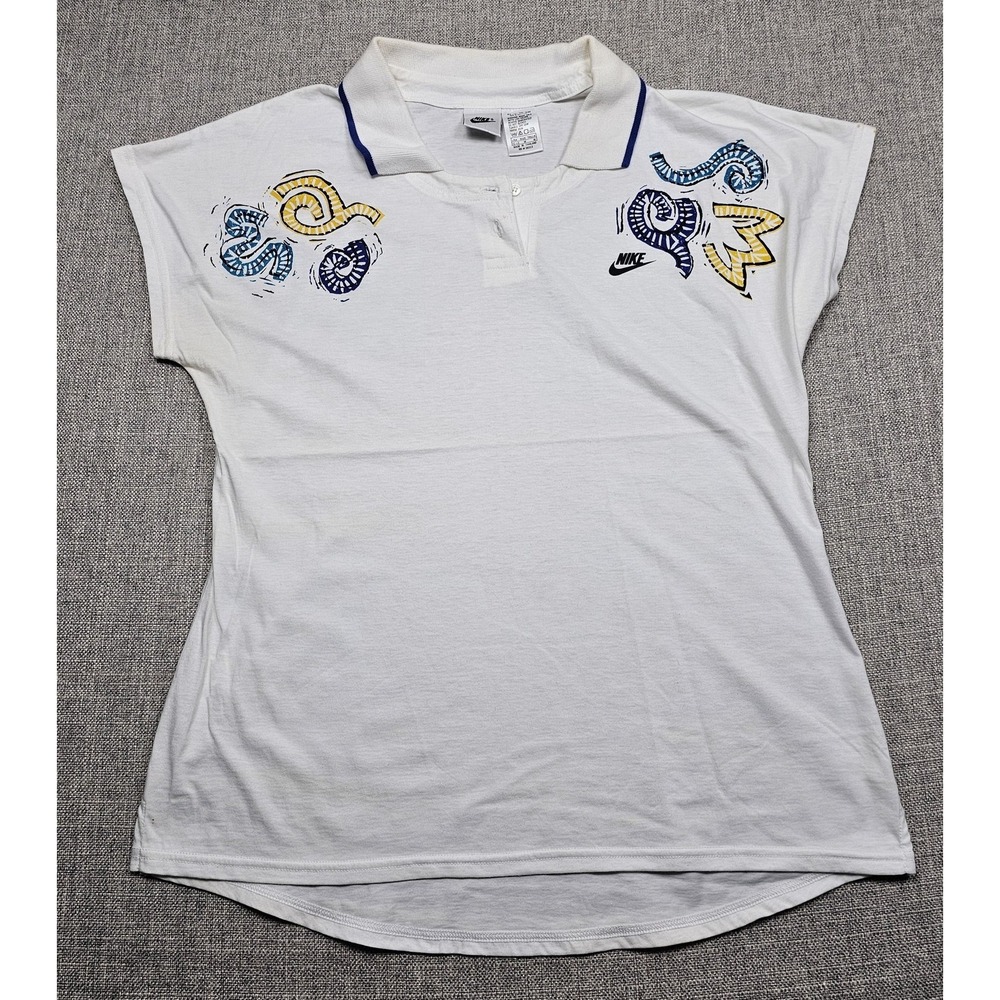 VTG Nike Polo Shirt Womens Medium White‎ Tennis Abstract Graphic Swoosh Golf